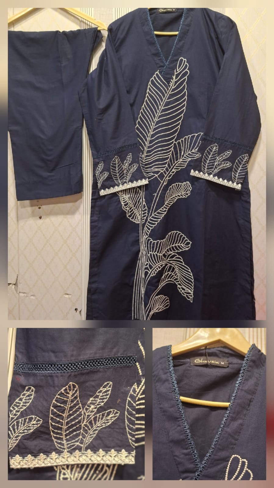 Navy Blue Leaf Motif Suit - Image 3