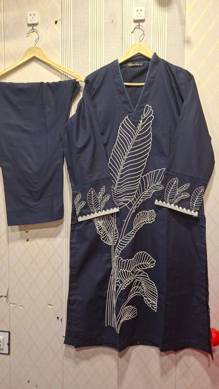 Navy Blue Leaf Motif Suit