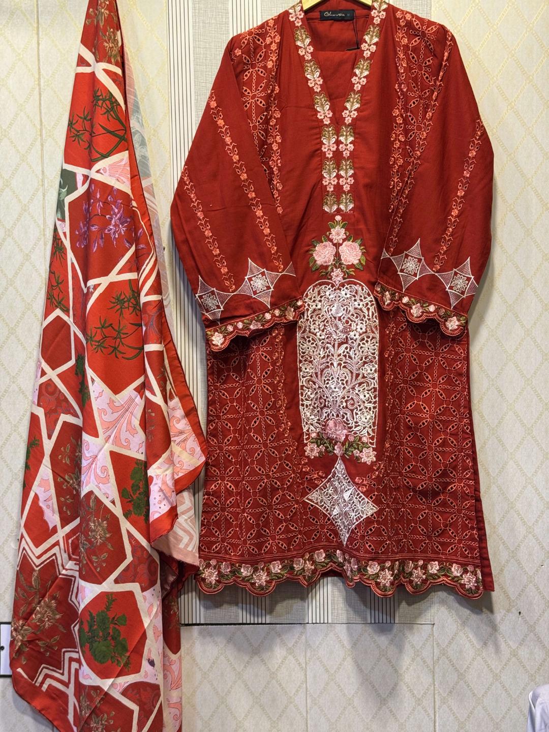 Rust/Red Embroidered Kurta - Image 2