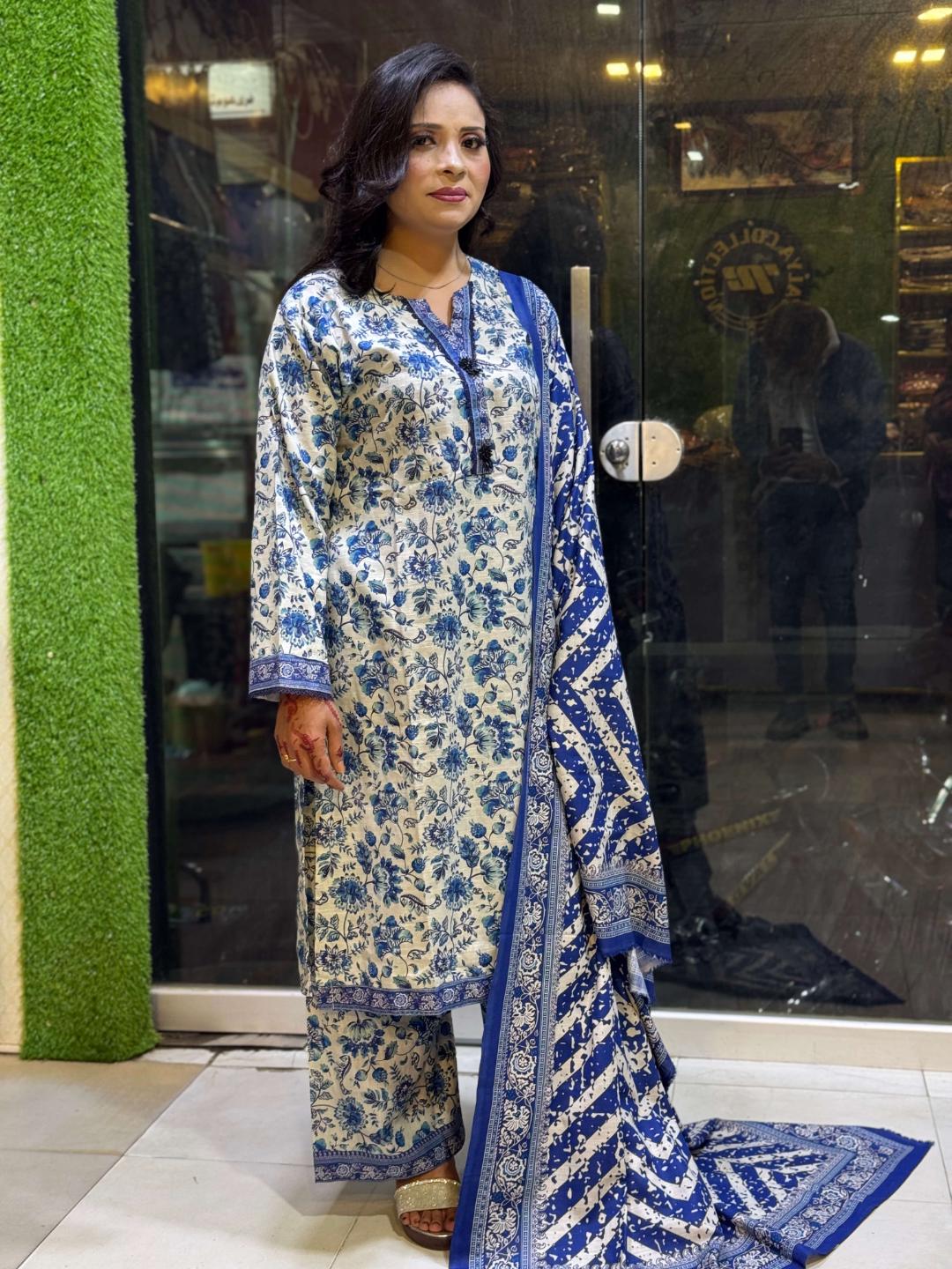 Blue & White Floral Printed Suit